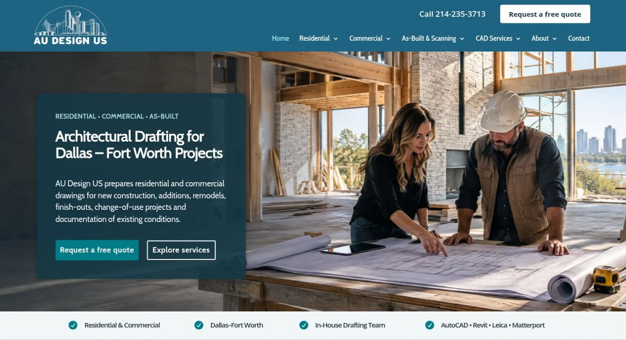 AU Design US homepage with grouped service navigation, project introduction, and quote-request actions.