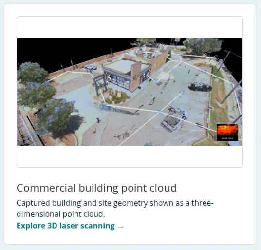 Public Project Experience sample pairing a commercial point cloud with its description and 3D laser-scanning service link.