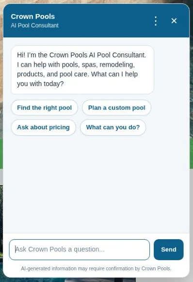 Crown Pools AI Pool Consultant welcome screen with suggested topics, an empty question field, and the business-confirmation notice.