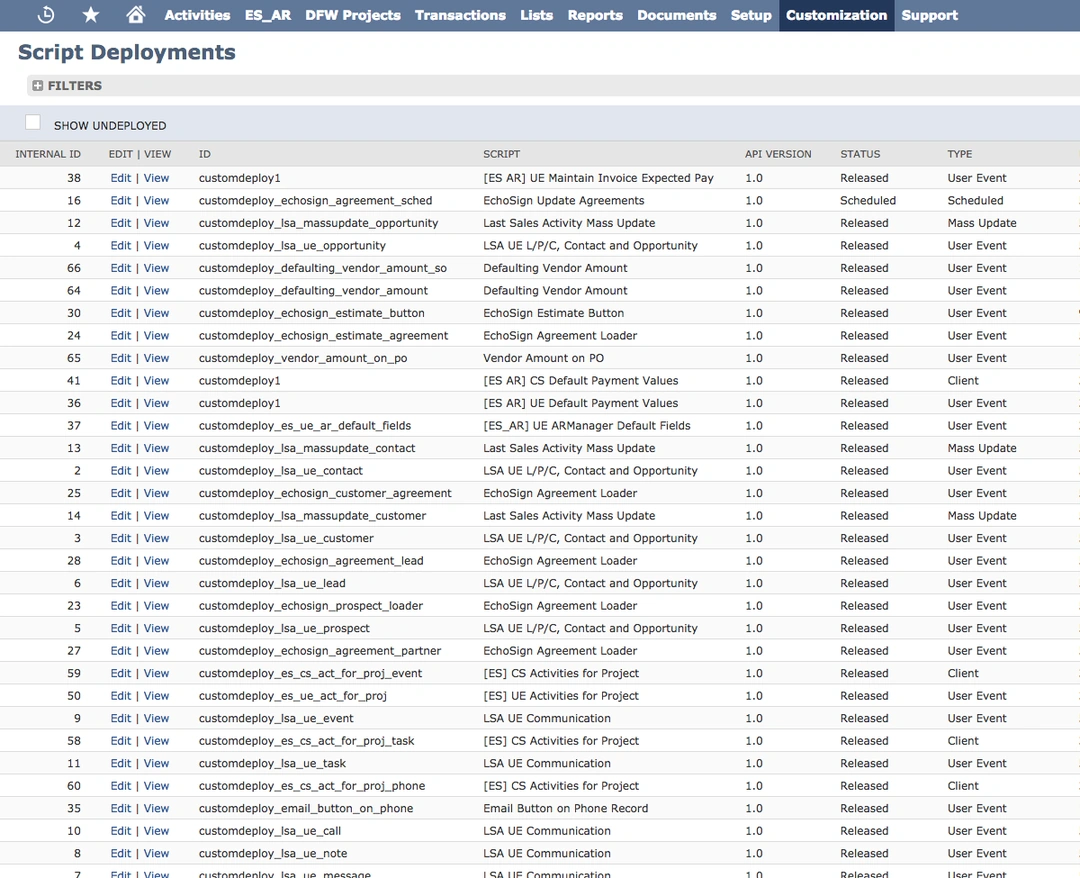 Historical NetSuite script-deployment screen showing multiple customized business-system deployments.