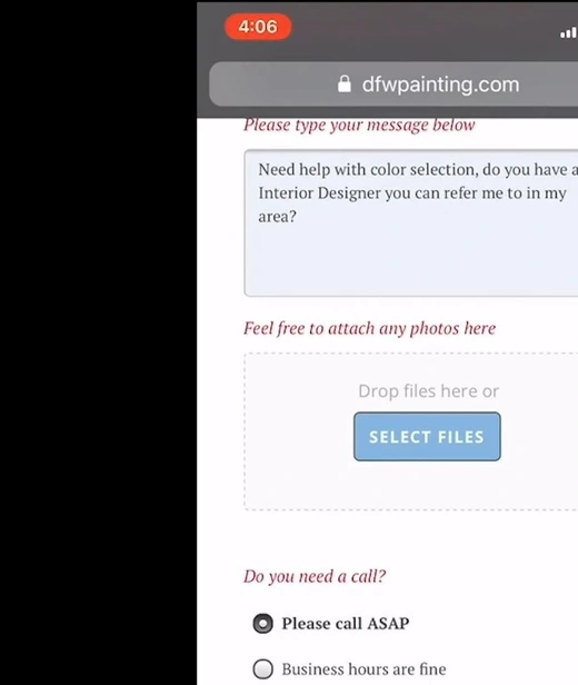 May 2019 DFW Painting demonstration showing a customer mobile request form opened from a job-site QR workflow.